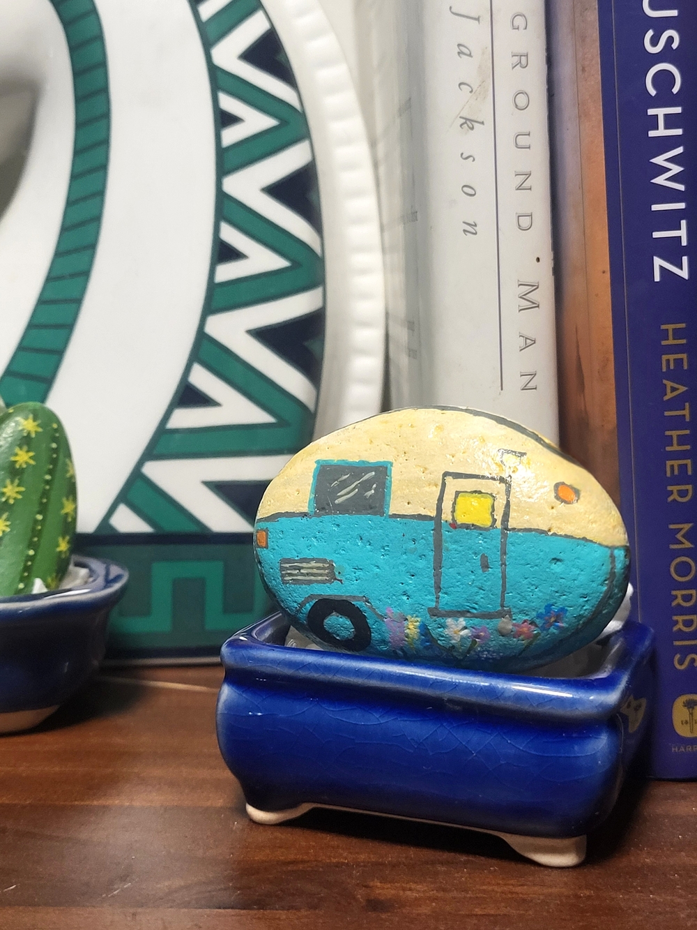 Hand-Painted Teal and Cream Camper Rock Art - Home Accent